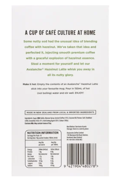 Avalanche Cafe Style Hazelnut Latte Coffee Sticks 10 x 16g - Cafe Supply