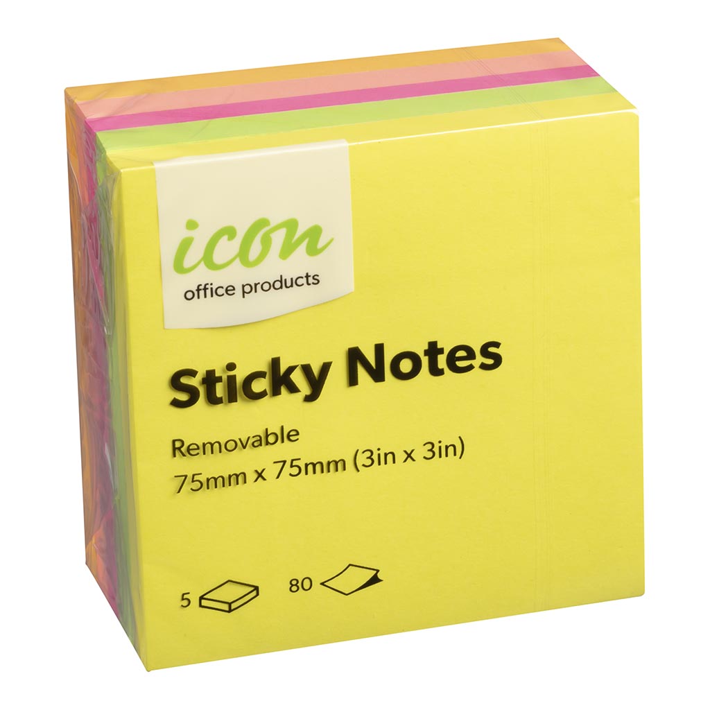Icon Sticky Notes 75mm x 75mm Neon 5 Pack - Cafe Supply