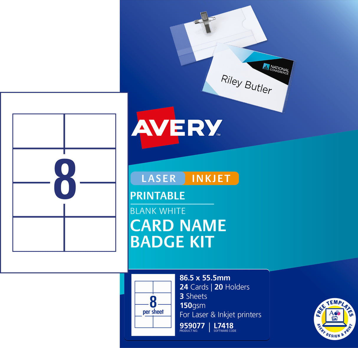 Avery Card Name Badges Kit 86.5x55.5mm 8up 3 Sheets Inkjet Laser L7418 - Cafe Supply