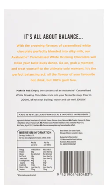 Avalanche 99% Sugar Free Caramelised White Choc Drinking Chocolate Sticks 10 x 20g - Cafe Supply