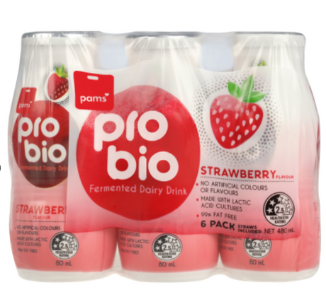 Pams Strawberry Pro Bio Cultured Dairy Drink 6pk - Cafe Supply