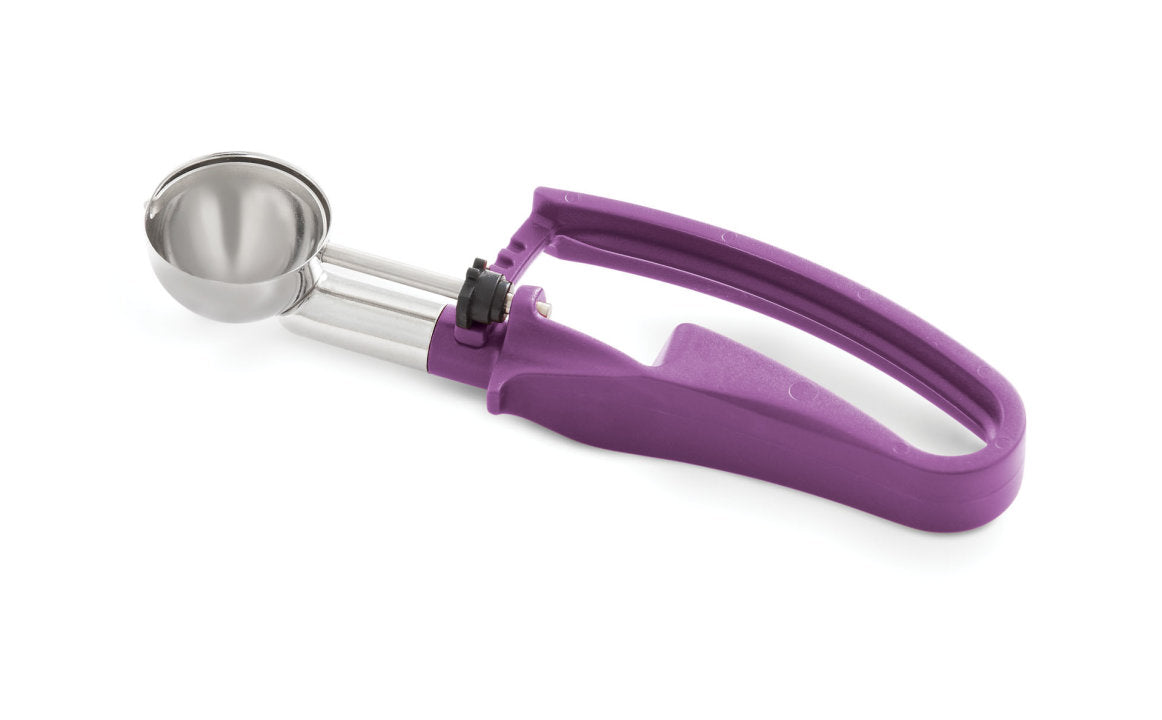 .72-ounce disher with orchid squeeze handle - Cafe Supply