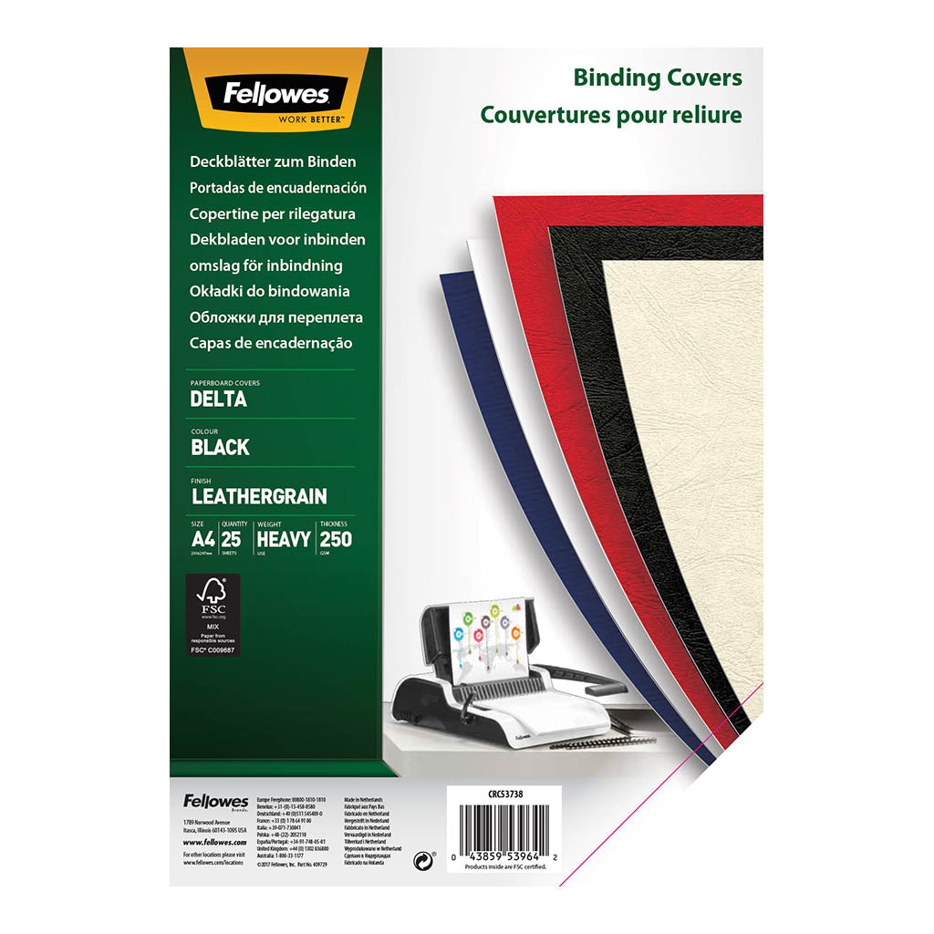 Fellowes Binding Covers A4 250gsm, Black, Pack of 25 - Cafe Supply