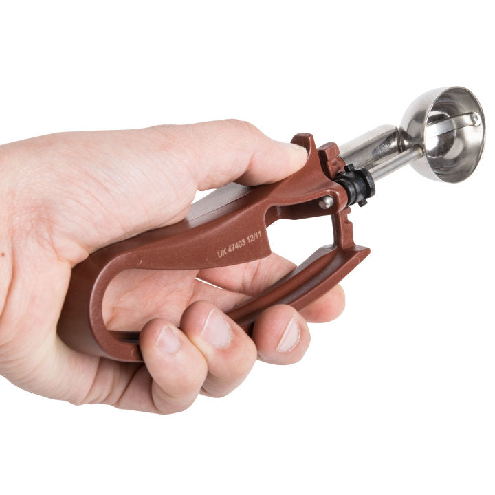 .47-ounce disher with plum squeeze handle - Cafe Supply