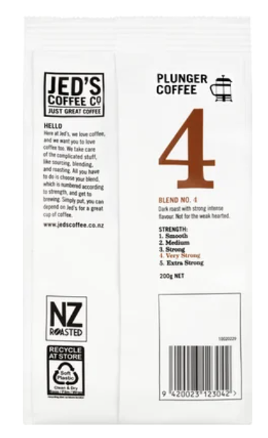 Jed's Coffee Co. #4 Very Strong Strength Plunger Grind Coffee 200g - Cafe Supply