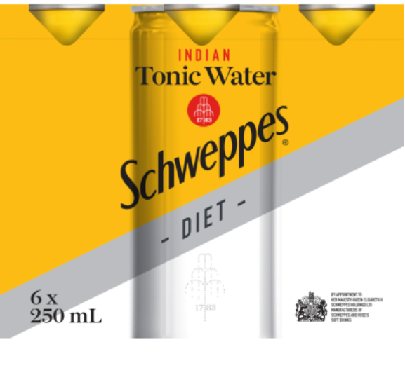 Schweppes Diet Indian Tonic Water Soft Drink Cans 6 x 250ml - Cafe Supply