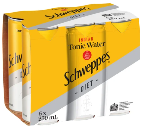 Schweppes Diet Indian Tonic Water Soft Drink Cans 6 x 250ml - Cafe Supply