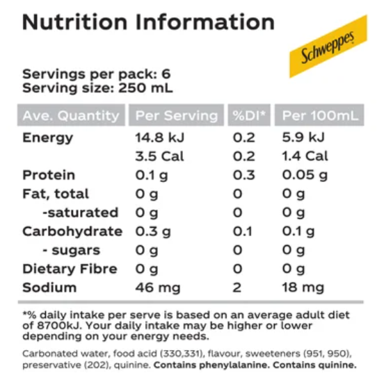 Schweppes Diet Indian Tonic Water Soft Drink Cans 6 x 250ml - Cafe Supply