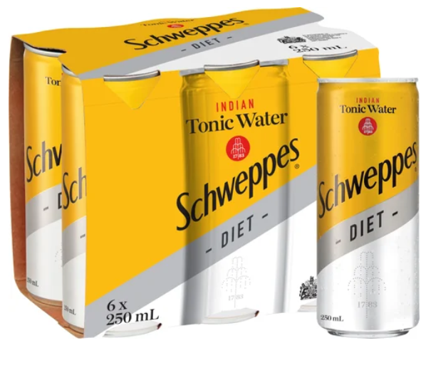 Schweppes Diet Indian Tonic Water Soft Drink Cans 6 x 250ml - Cafe Supply