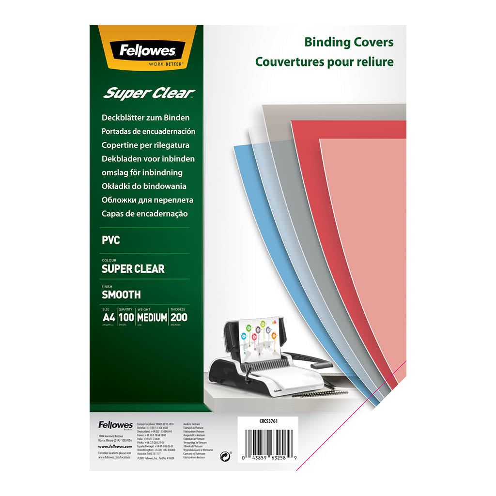Fellowes Binding Covers A4 200mic Clear, Pack of 100 - Cafe Supply