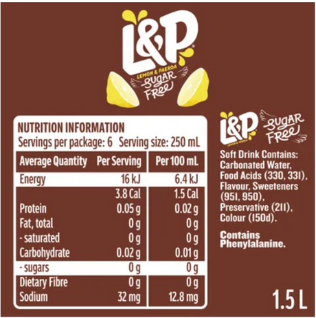L&P Sugar Free Soft Drink 1.5l - Cafe Supply