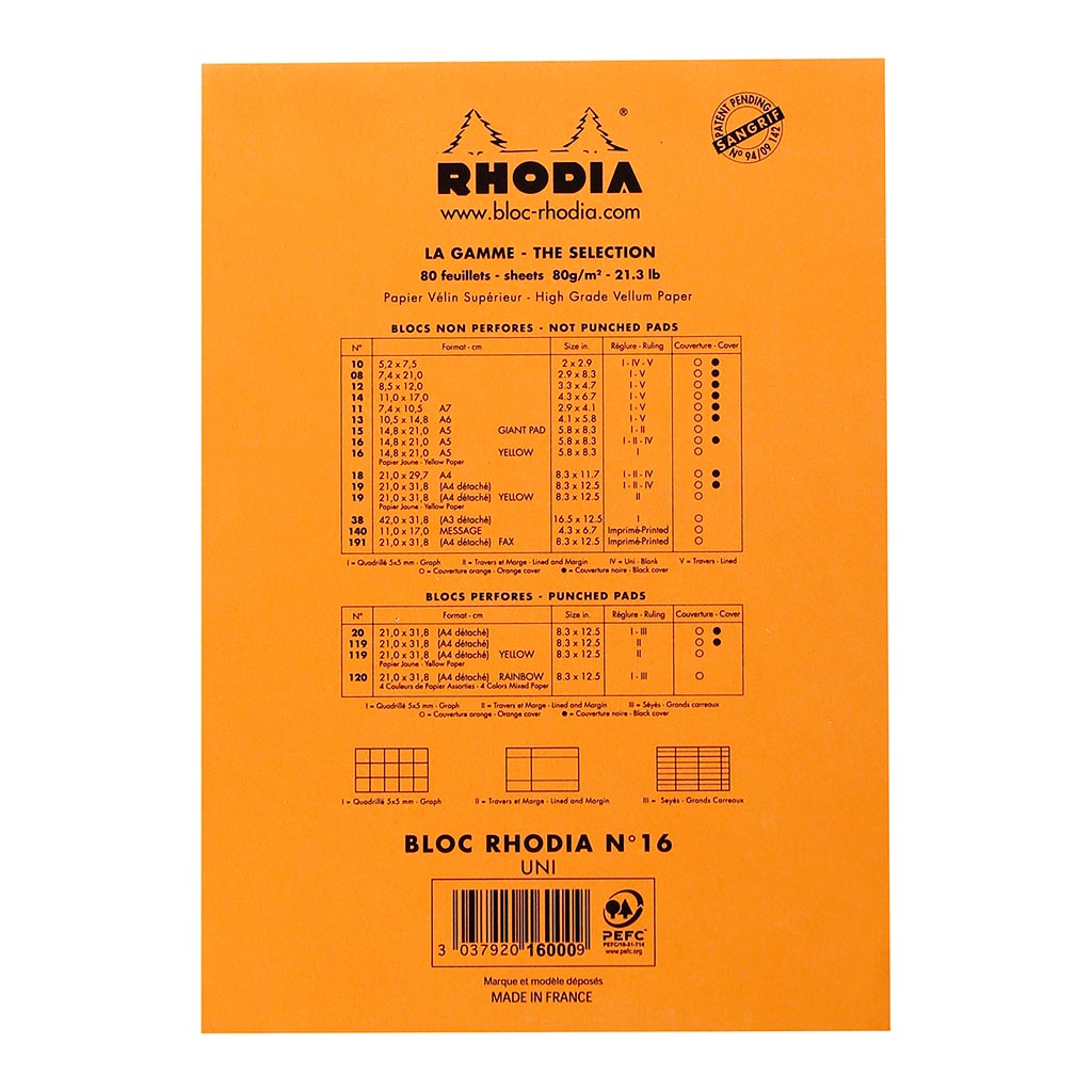 Rhodia Bloc Pad No. 16 A5 Blank Orange - Cafe Supply