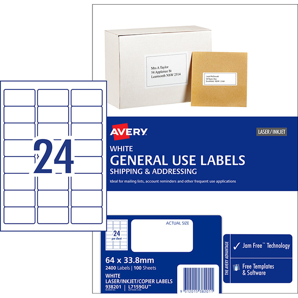Avery Label L7159 General Use 64x33.8mm 24up 100 Sheets - Cafe Supply
