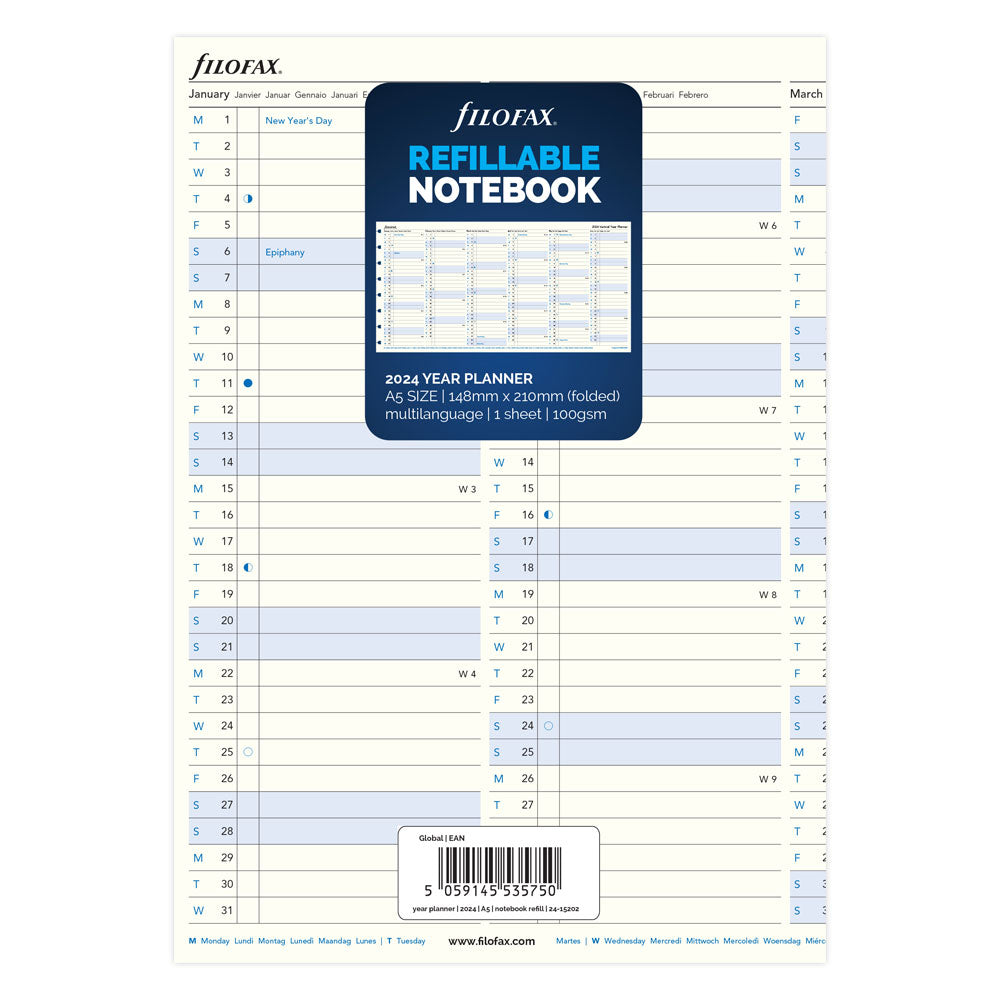 Filofax Refill Notebook A5 Year Planner 2024 - Cafe Supply