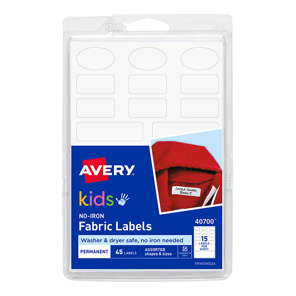 Avery Label Kids No-Iron Fabric Assorted Shape And Size 15up 3 Sheets - Cafe Supply