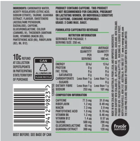 V Zero Sugar Original Guarana Energy Drink 250ml - Cafe Supply