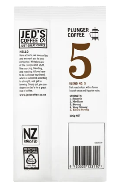 Jed's Coffee Co. #5 Extra Strong Strength Plunger Grind Coffee 200g - Cafe Supply