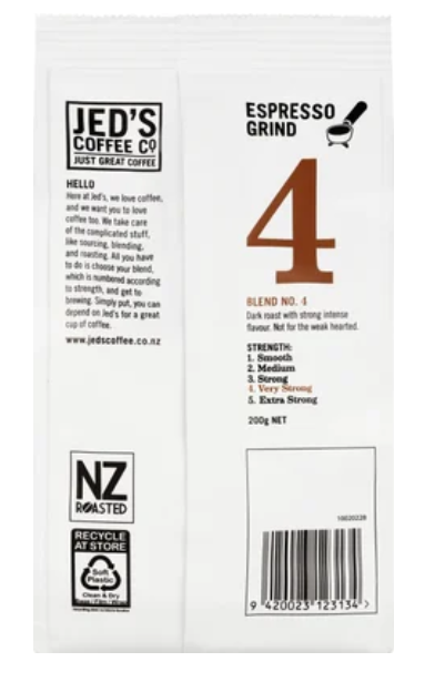 Jed's Coffee Co. #4 Very Strong Strength Espresso Grind Coffee 200g - Cafe Supply