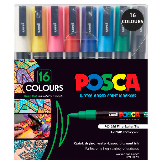 Uni Posca Marker 0.9-1.3mm Fine 16 Pack Assorted PC-3M - Cafe Supply