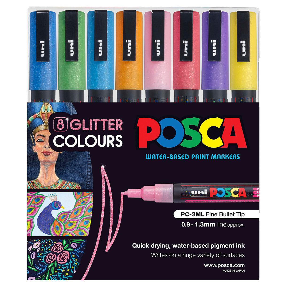 Uni Posca Marker 0.9-1.3mm Fine 8 Pack Glitter PC-3M - Cafe Supply