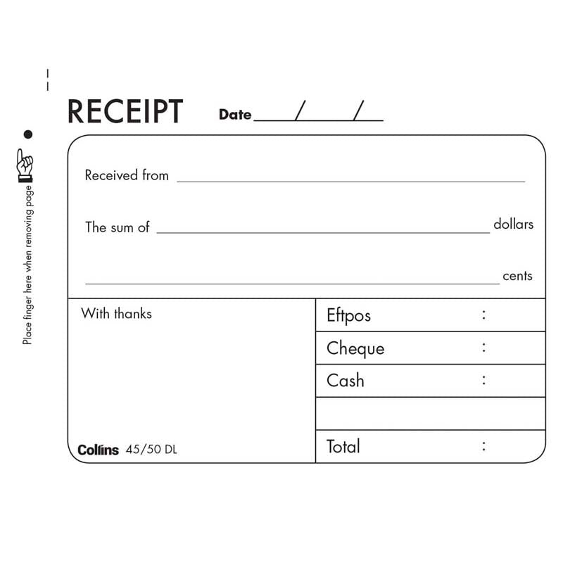 Collins Cash Receipt 45/50DL Duplicate No Carbon Required - Cafe Supply
