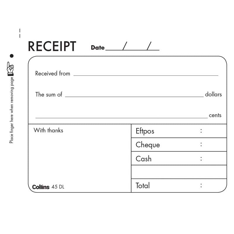 Collins Cash Receipt 45DL Duplicate No Carbon Required - Cafe Supply