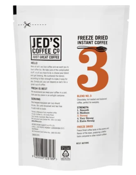 Jed's Coffee Co. #3 Strong Strength Instant Freeze Dried Coffee Refill 90g - Cafe Supply