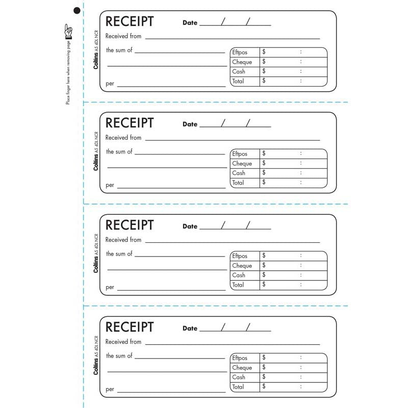 Collins Cash Receipt A5 4DL 100 Leaf Duplicate No Carbon Required - Cafe Supply