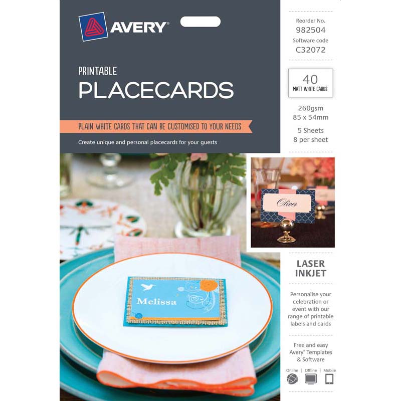 Avery Placecards 85x54mm 8up 5 Sheets Inkjet Laser - Cafe Supply