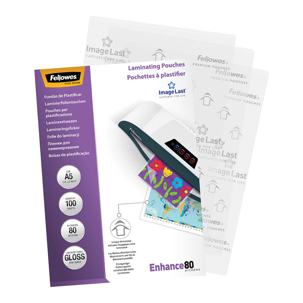 Fellowes Laminating Pouches A5 Gloss 80 Micron, Pack of 100 - Cafe Supply