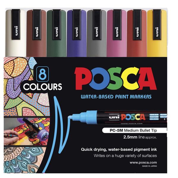 Uni Posca Marker 1.8-2.5mm Med Bullet 8 Pack Dark Colours PC-5M - Cafe Supply