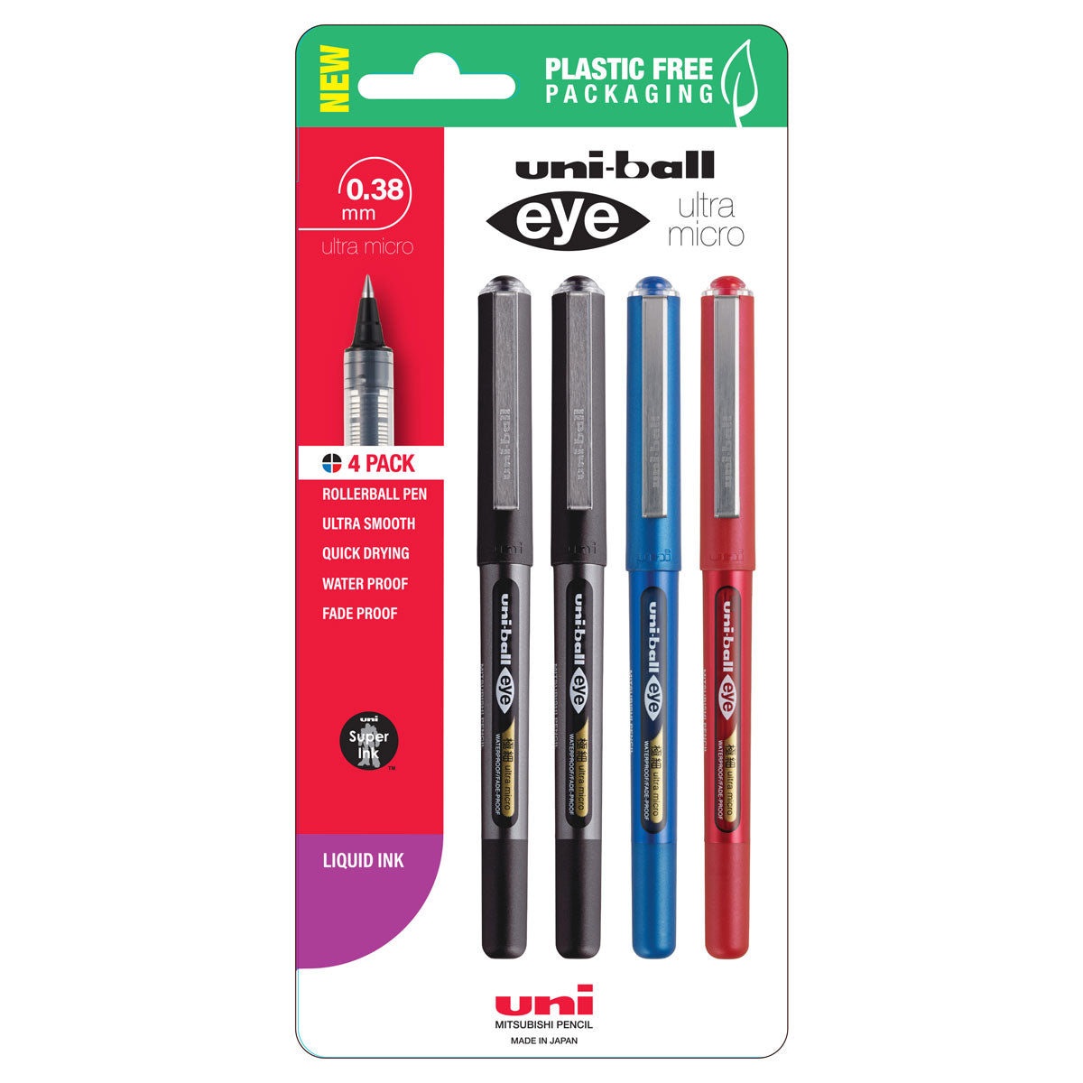 Uni Eye 0.38mm Ultra Micro Capped Assorted Hangsell Pk4 - Cafe Supply