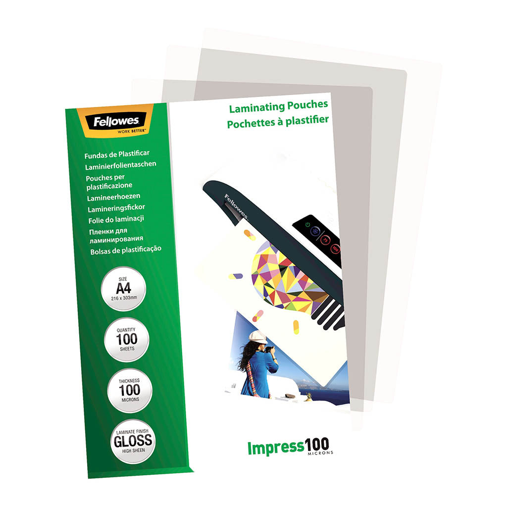 Fellowes Laminating Pouches A4 Gloss 100 Micron, Pack of 100 - Cafe Supply