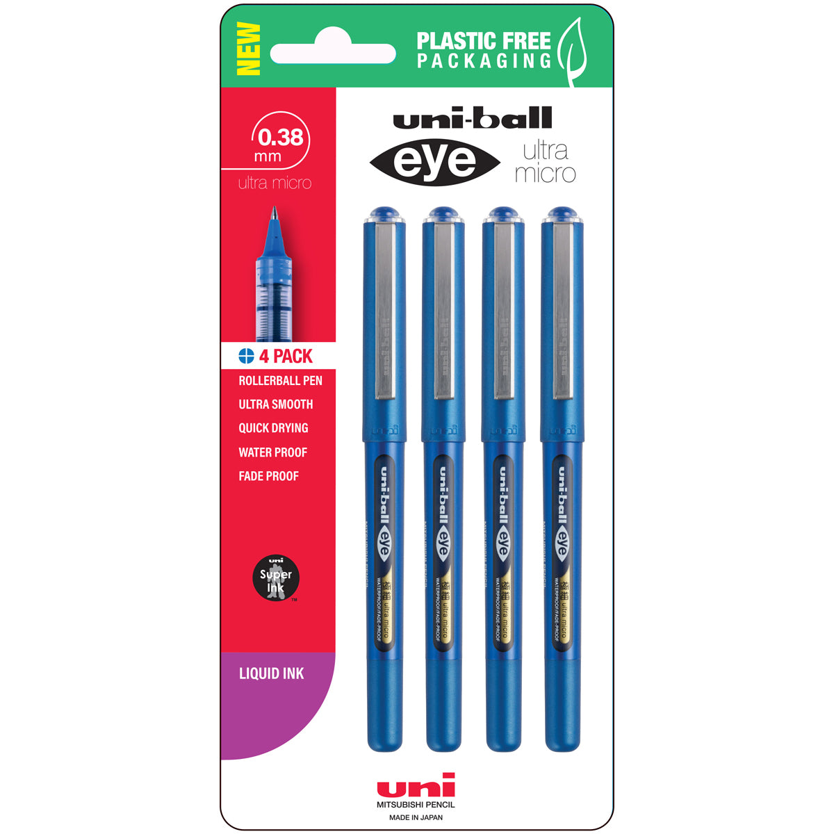Uni Eye 0.38mm Ultra Micro Capped Blue Hangsell Pk4 - Cafe Supply