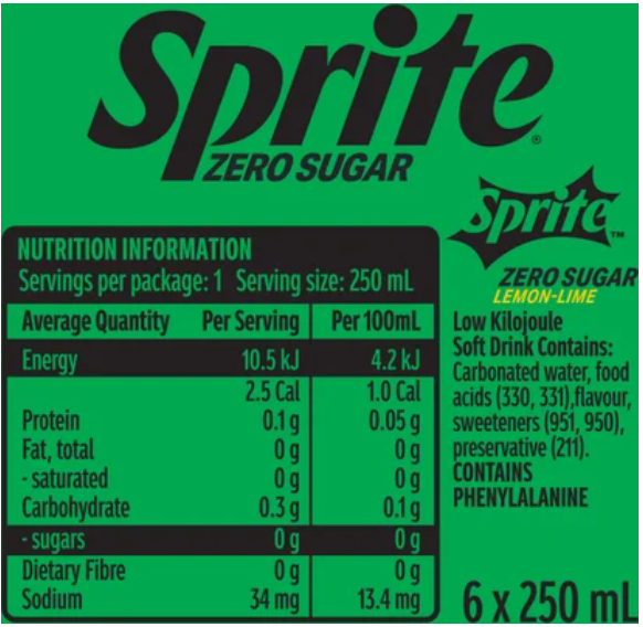 Sprite Zero Sugar Natural Flavour Soft Drink Cans 6 x 250ml - Cafe Supply