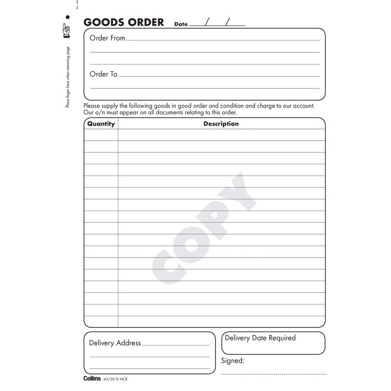 Collins Goods Order A5/50TL Triplicate No Carbon Required - Cafe Supply