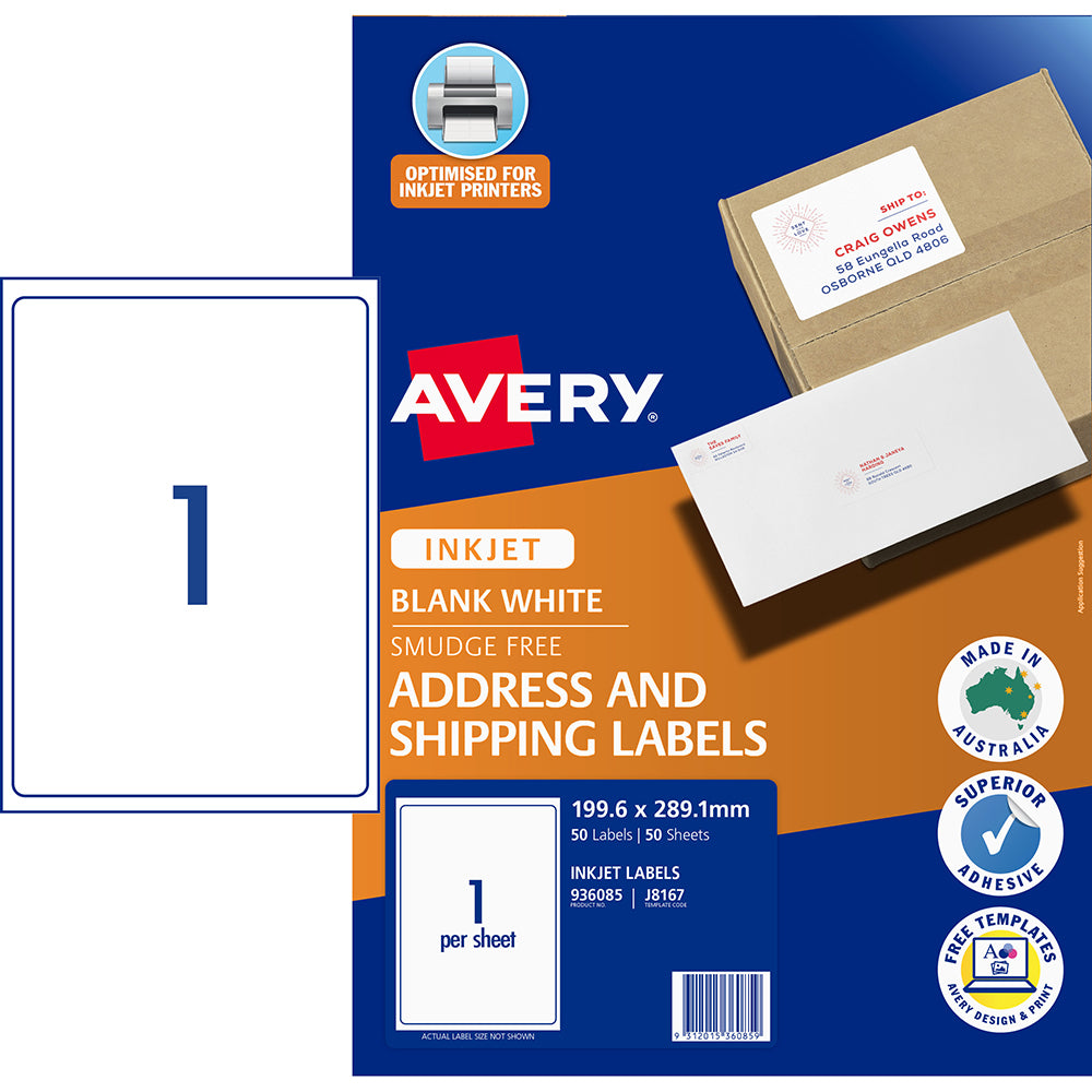 Avery Label J8167-50 Inkjet 1up 50 Sheets 199x289mm - Cafe Supply