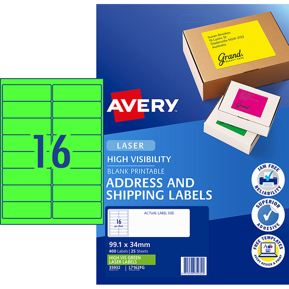 Avery Shipping Label L7162FG Fluoro Green 99.1x34mm 16up 25 Sheets Laser - Cafe Supply