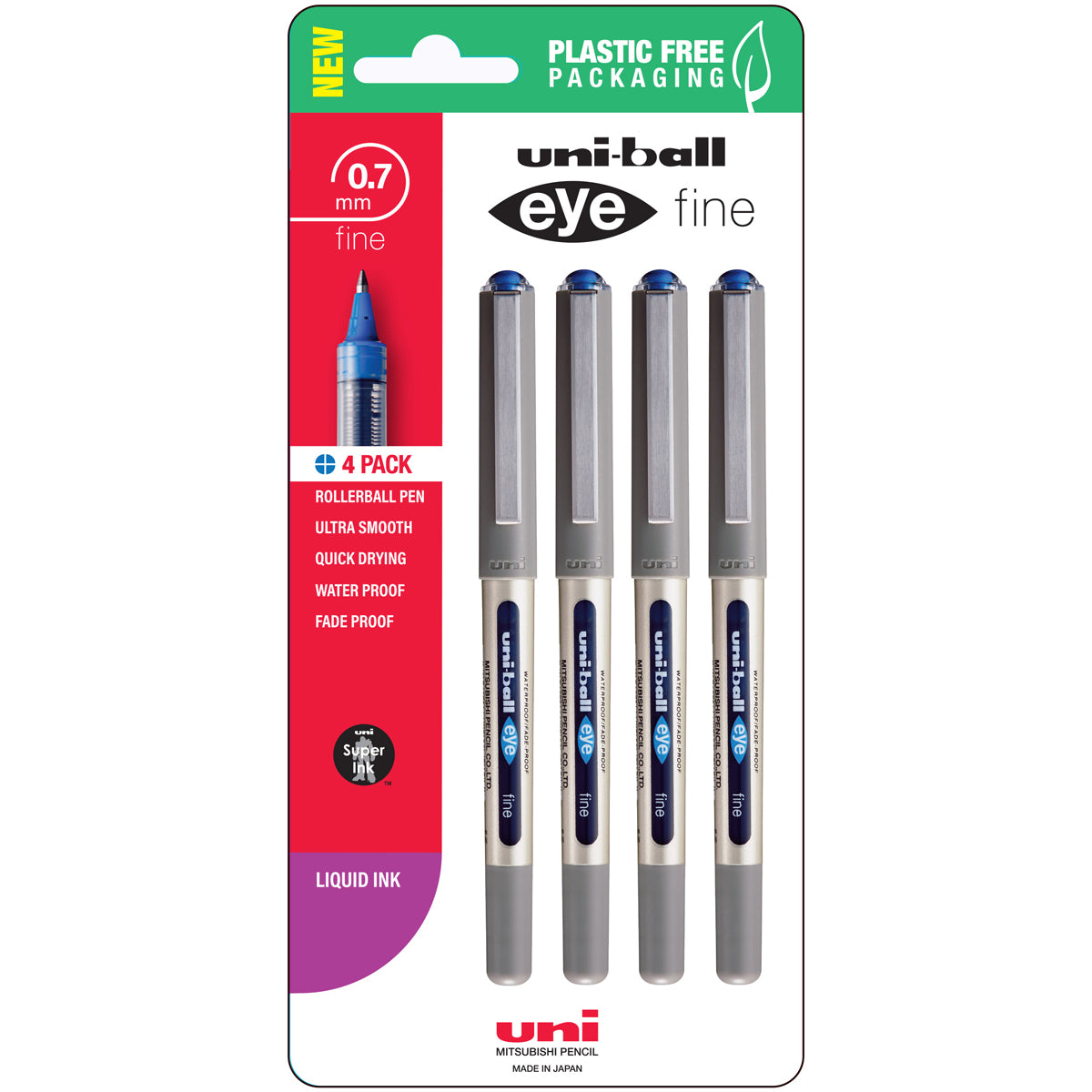 Uni Eye 0.7mm Fine Capped Blue Hangsell Pk4 - Cafe Supply