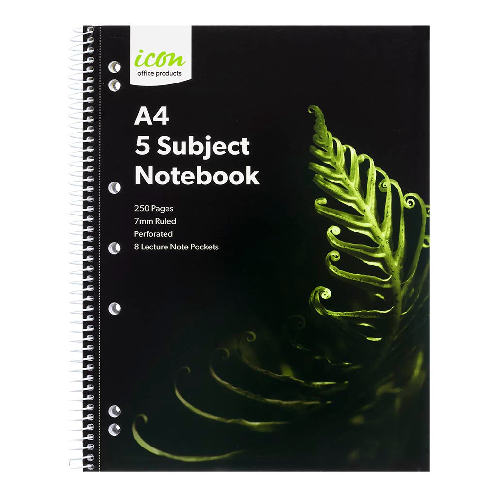 Icon Spiral 5 Subject Notebook A4 Soft Cover 250pg - Cafe Supply