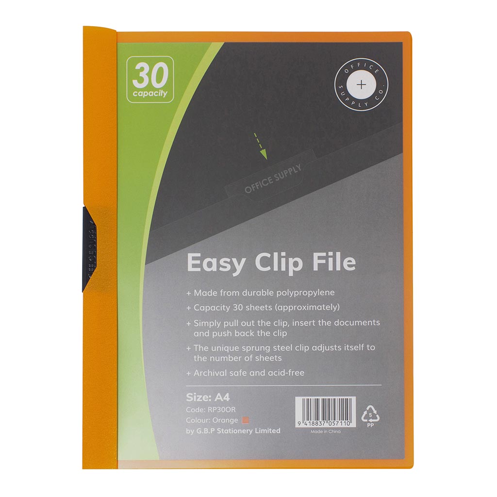 OSC Clip Easy File A4 Orange 30 Sheet - Cafe Supply