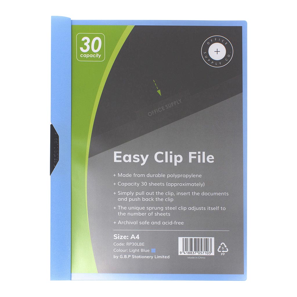 OSC Clip Easy File A4 Light Blue 30 Sheet - Cafe Supply