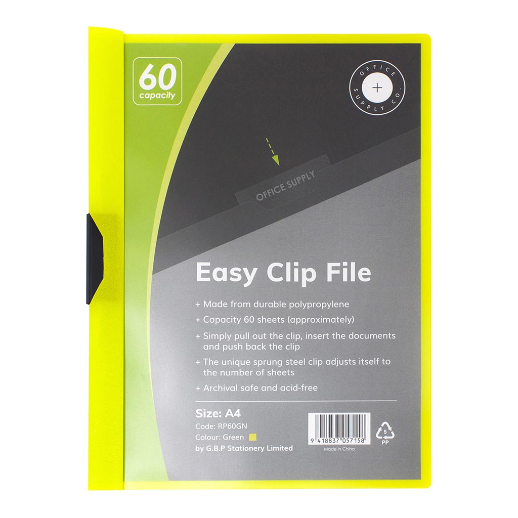 OSC Clip Easy File A4 Green 60 Sheet - Cafe Supply