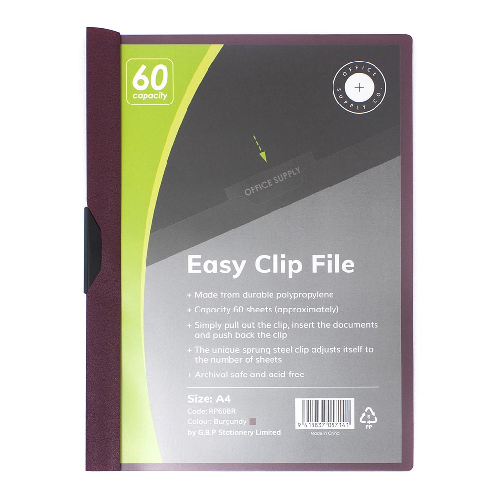 OSC Clip Easy File A4 Burgundy 60 Sheet - Cafe Supply