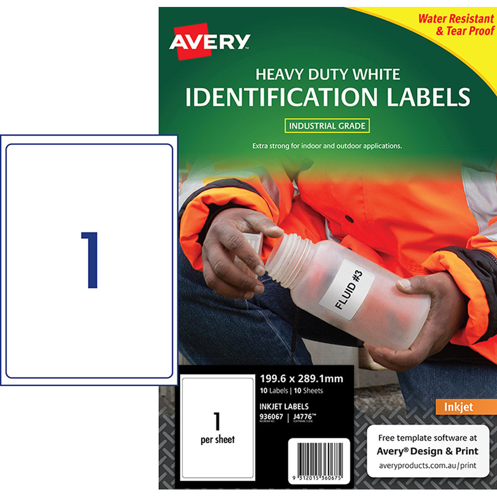 Avery Heavy Duty ID Label J4776 White Inkjet 199.6x289.1mm 1up 10 Sheets - Cafe Supply