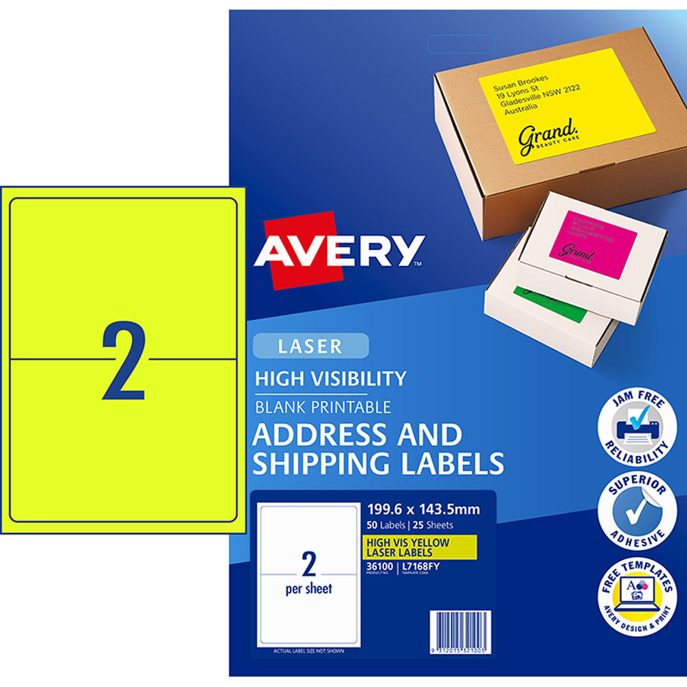 Avery Shipping Label L7168FY Fluoro Yellow 199.6x143.5mm 2up 25 Sheets - Cafe Supply