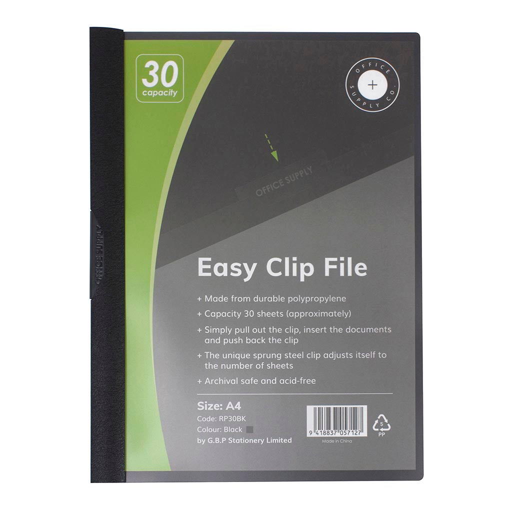OSC Clip Easy File A4 Black 30 Sheet - Cafe Supply