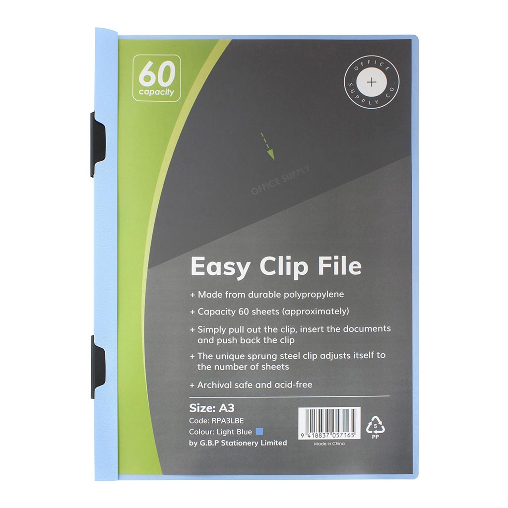 OSC Clip Easy File A3 Light Blue 60 Sheet - Cafe Supply