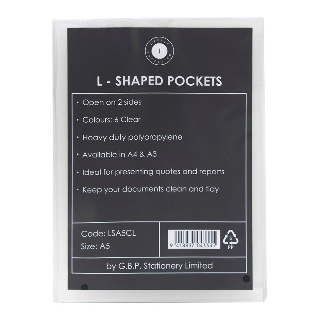 OSC L Shaped Pockets Heavy Duty A5 Clear, Pack of 6 - Cafe Supply