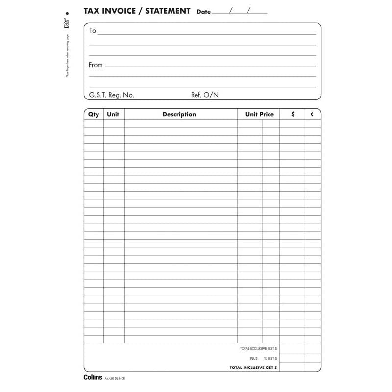Collins Tax Invoice A4/50DL Duplicate No Carbon Required - Cafe Supply
